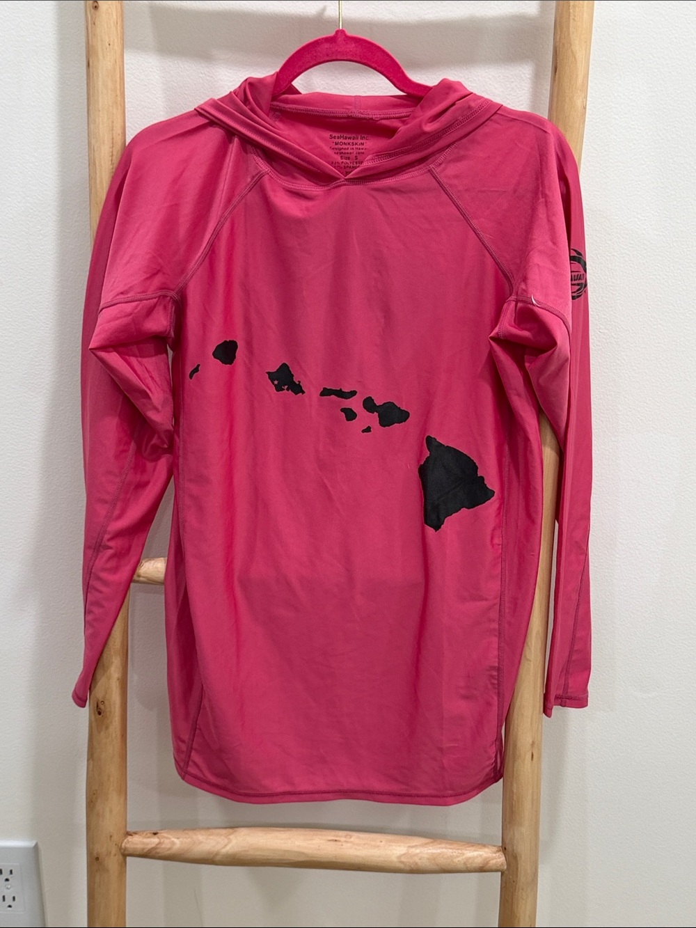 Men's Pink Hooded Swim Rash Guard with Island Print